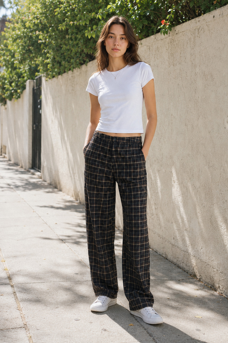 Brandy Melville Amelia Plaid Pants Small Dark Green Brown Beige Check John Galt